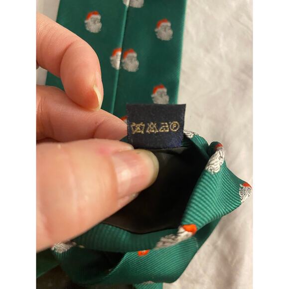 Vintage Holiday Christmas Necktie Green Santa Print Handmade HISDERN Men’s Tie - Picture 6 of 6